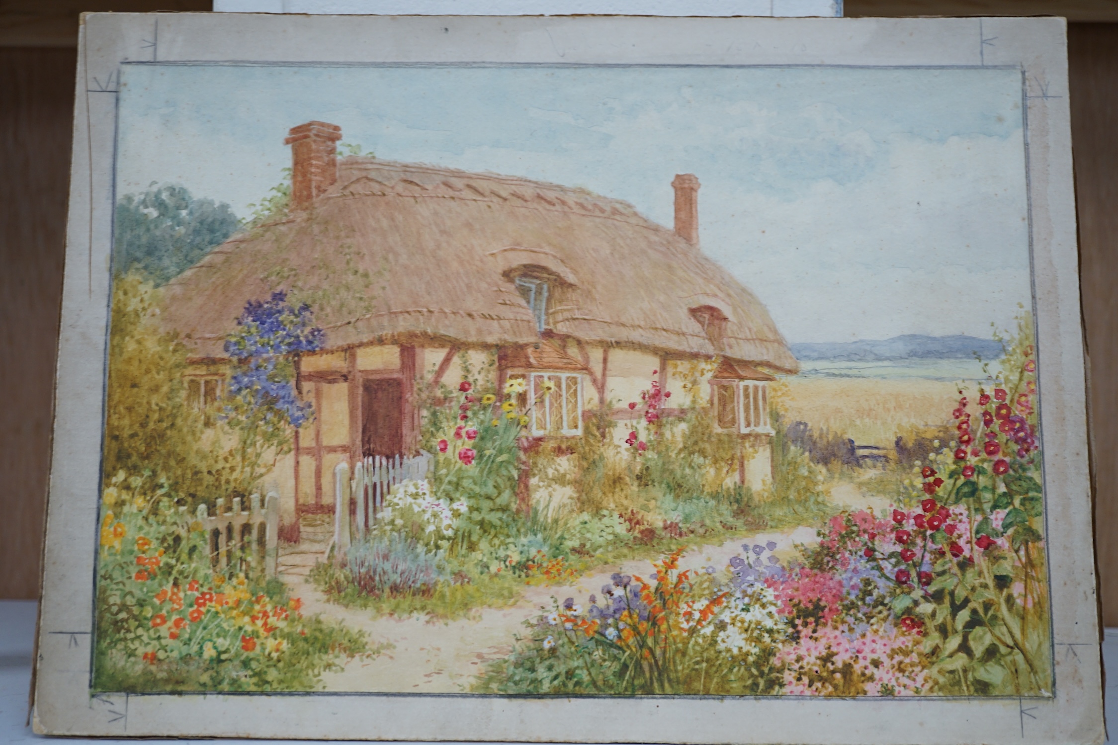 William Affleck (aka, William Carruthers, 1868-1943), four watercolours on card, ‘Springtime at Cropthorne, Worcestershire’, ‘Surrey cottage at Witley’, ‘Cottage at Welford-on-Avon, Warwickshire’ and ‘Stonewall Farm, Cha